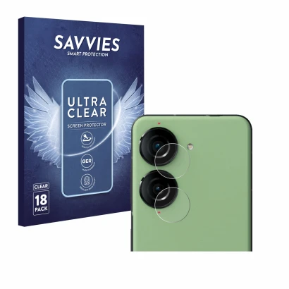 Front side of a product packaging with the brand logo Savvies. Next to it is the device ASUS ZenFone 10 (ONLY Camera Lens) sho