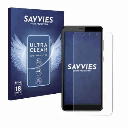 Front side of a product packaging with the brand logo Savvies. Next to it is the device ZTE Blade A31 shown with the correspon