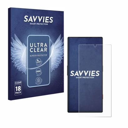 Front side of a product packaging with the brand logo Savvies. Next to it is the device ZTE Nubia Red Magic 8S Pro shown with 