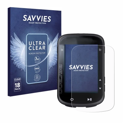 Front side of a product packaging with the brand logo Savvies. Next to it is the device iGPSPORT BSC200 shown with the corresp