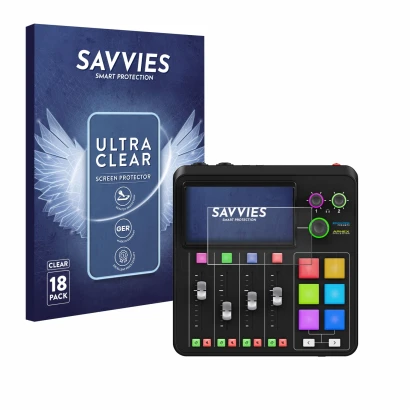 Front side of a product packaging with the brand logo Savvies. Next to it is the device Rode Rodecaster Duo shown with the cor