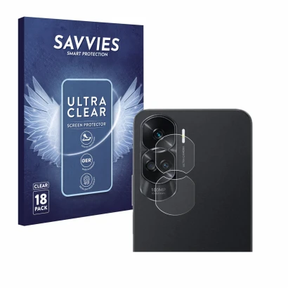 Front side of a product packaging with the brand logo Savvies. Next to it is the device Honor 90 Lite (ONLY Camera Lens) shown