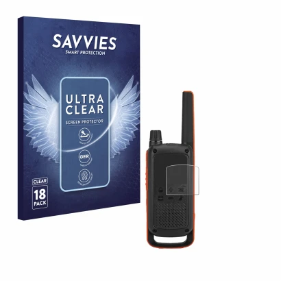 Front side of a product packaging with the brand logo Savvies. Next to it is the device Motorola Talkabout T82 shown with the 