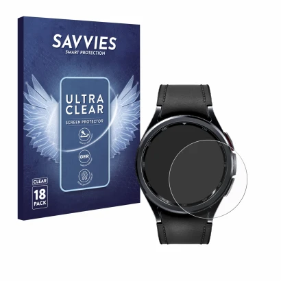 Front side of a product packaging with the brand logo Savvies. Next to it is the device Samsung Galaxy Watch 6 Classic (47 mm)