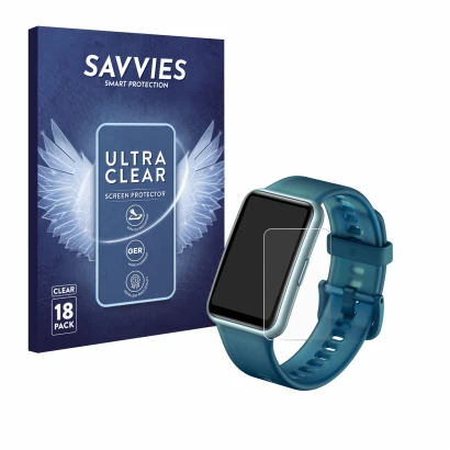Front side of a product packaging with the brand logo Savvies. Next to it is the device Huawei Watch Fit Special Edition shown