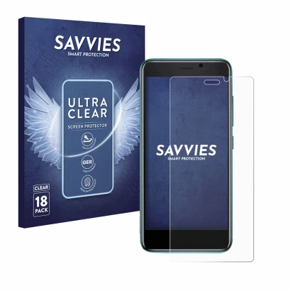 Front side of a product packaging with the brand logo Savvies. Next to it is the device Cubot J 20 shown with the correspondin