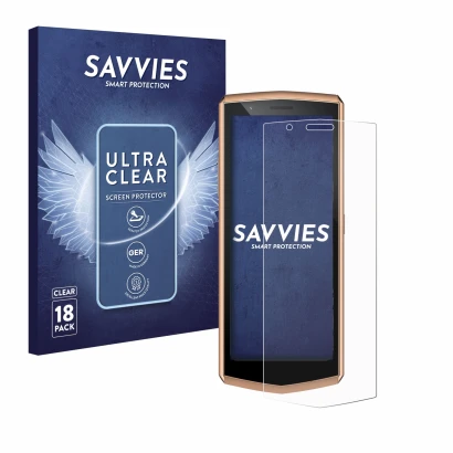 Front side of a product packaging with the brand logo Savvies. Next to it is the device Cubot Pocket 3 shown with the correspo