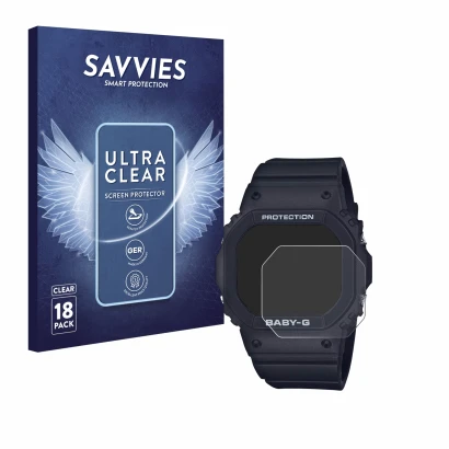 Front side of a product packaging with the brand logo Savvies. Next to it is the device Casio Baby-G BGD-565 shown with the co
