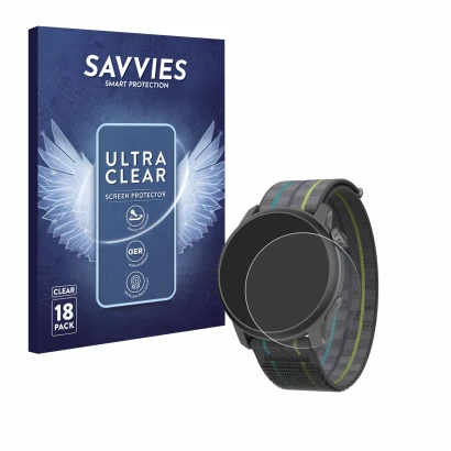 Front side of a product packaging with the brand logo Savvies. Next to it is the device Coros Pace 3 shown with the correspond