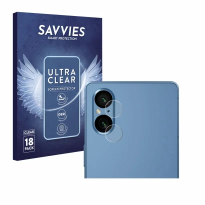 Front side of a product packaging with the brand logo Savvies. Next to it is the device Sony Xperia 5 V (ONLY Camera Lens) sho