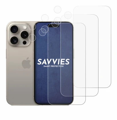 Image of the device Apple iPhone 15 Pro (Front+Camera) with a wide variety of screen protectors.