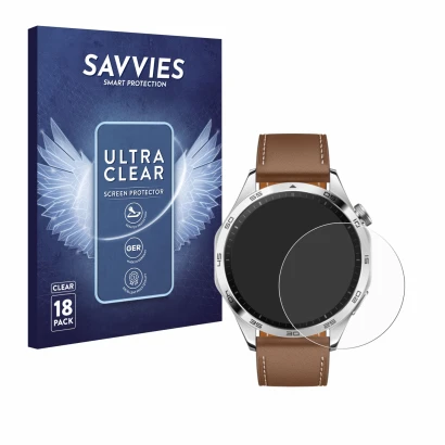 Front side of a product packaging with the brand logo Savvies. Next to it is the device Huawei Watch GT 4 (46mm) shown with th