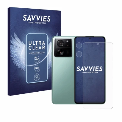 Front side of a product packaging with the brand logo Savvies. Next to it is the device Xiaomi 13T Pro (Front+Camera) shown wi