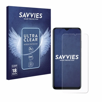 Front side of a product packaging with the brand logo Savvies. Next to it is the device Infinix Hot 30i shown with the corresp