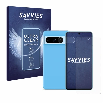 Front side of a product packaging with the brand logo Savvies. Next to it is the device Google Pixel 8 Pro (Front+Camera) show