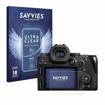 Front side of a product packaging with the brand logo Savvies. Next to it is the device Panasonic Lumix DC-G9 II shown with th