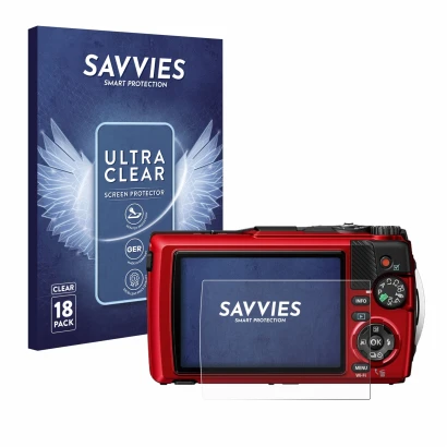 Front side of a product packaging with the brand logo Savvies. Next to it is the device Olympus OM System Tough TG-7 shown wit