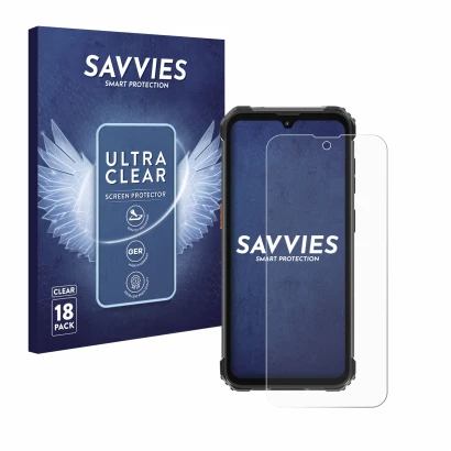 Front side of a product packaging with the brand logo Savvies. Next to it is the device Blackview BV5300 Pro (2023) shown with