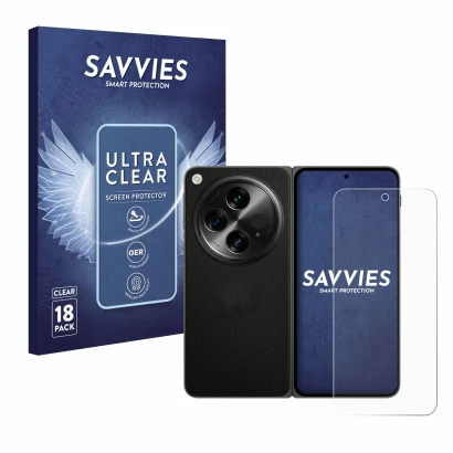 Front side of a product packaging with the brand logo Savvies. Next to it is the device OnePlus Open shown with the correspond