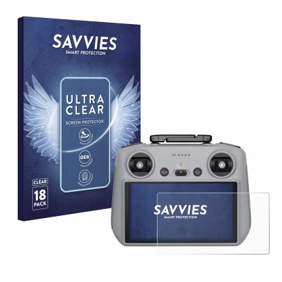 Front side of a product packaging with the brand logo Savvies. Next to it is the device DJI RC 2 shown with the corresponding 