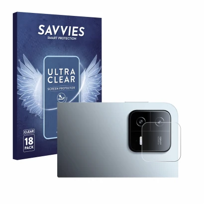 Front side of a product packaging with the brand logo Savvies. Next to it is the device Xiaomi Pad 6 (ONLY Camera Lens) shown 