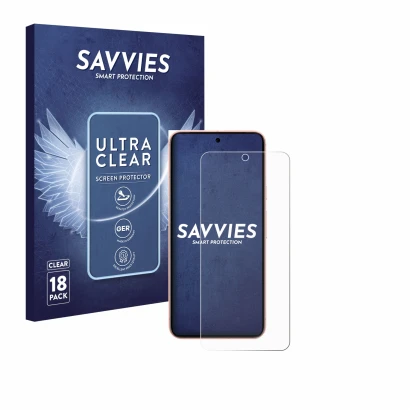 Front side of a product packaging with the brand logo Savvies. Next to it is the device Google Pixel 8 (case-friendly) shown w