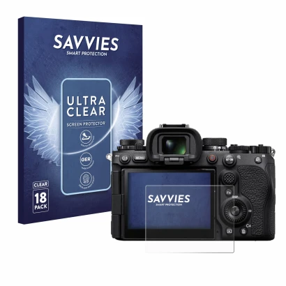 Front side of a product packaging with the brand logo Savvies. Next to it is the device Sony Alpha 9 III shown with the corres