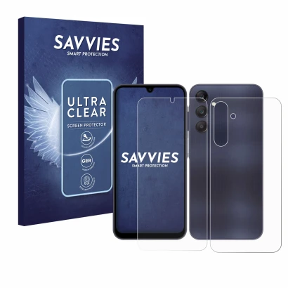 Front side of a product packaging with the brand logo Savvies. Next to it is the device Samsung Galaxy A25 5G (Front+Back) sho