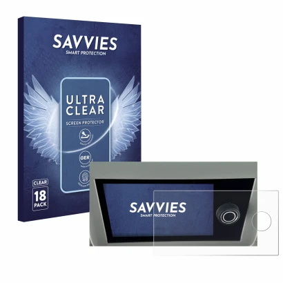 Front side of a product packaging with the brand logo Savvies. Next to it is the device Volkswagen California 6.1 shown with t