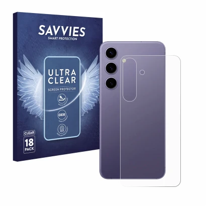 Front side of a product packaging with the brand logo Savvies. Next to it is the device Samsung Galaxy S24 (Back) shown with t