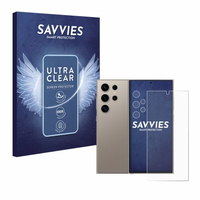 Front side of a product packaging with the brand logo Savvies. Next to it is the device Samsung Galaxy S24 Ultra (case-friendl
