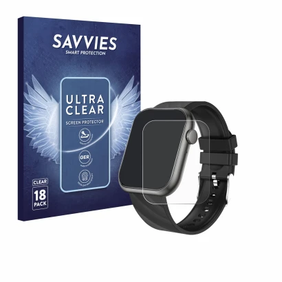 Front side of a product packaging with the brand logo Savvies. Next to it is the device walkbee Smartwatch 1.96" shown with th