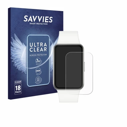 Front side of a product packaging with the brand logo Savvies. Next to it is the device Samsung Galaxy Fit3 shown with the cor