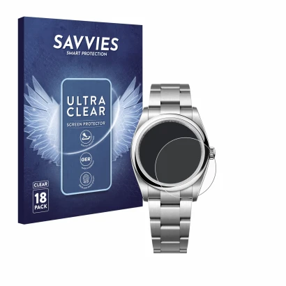 Front side of a product packaging with the brand logo Savvies. Next to it is the device Rolex Oyster Perpetual 36 shown with t
