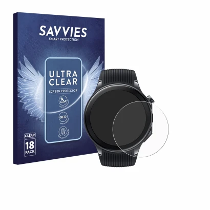 Front side of a product packaging with the brand logo Savvies. Next to it is the device OnePlus Watch 2 shown with the corresp