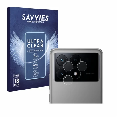 Front side of a product packaging with the brand logo Savvies. Next to it is the device Xiaomi Poco X6 Pro (ONLY Camera Lens) 