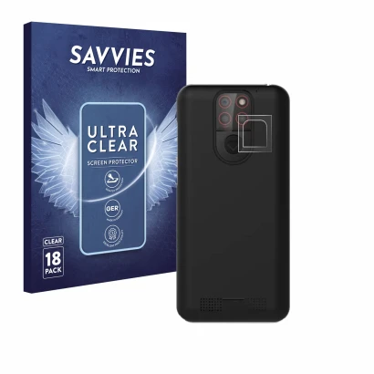 Front side of a product packaging with the brand logo Savvies. Next to it is the device Emporia Smart 5 Mini (ONLY Camera Lens