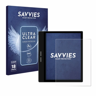 Front side of a product packaging with the brand logo Savvies. Next to it is the device Bigme B751C shown with the correspondi