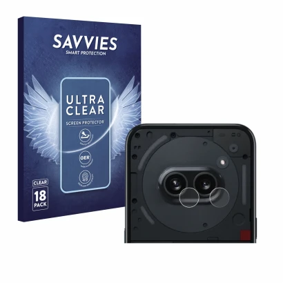Front side of a product packaging with the brand logo Savvies. Next to it is the device Nothing Phone (2a) (ONLY Camera Lens) 