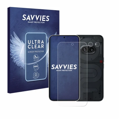 Front side of a product packaging with the brand logo Savvies. Next to it is the device Nothing Phone (2a) (Front+Camera) show