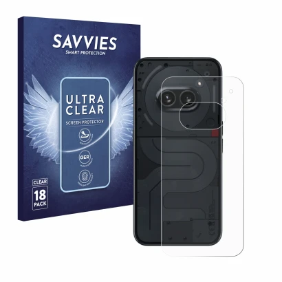 Front side of a product packaging with the brand logo Savvies. Next to it is the device Nothing Phone (2a) (Back) shown with t