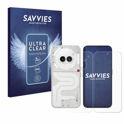 Front side of a product packaging with the brand logo Savvies. Next to it is the device Nothing Phone (2a) (Front+Back) shown 