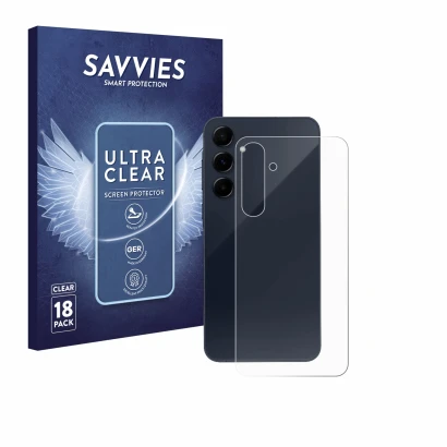 Front side of a product packaging with the brand logo Savvies. Next to it is the device Samsung Galaxy A55 5G (Back) shown wit