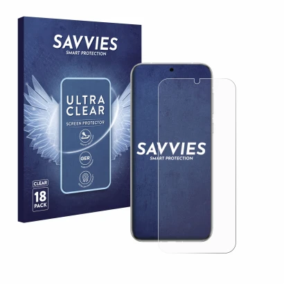 Front side of a product packaging with the brand logo Savvies. Next to it is the device Huawei Pura 70 Ultra shown with the co