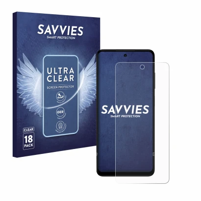 Front side of a product packaging with the brand logo Savvies. Next to it is the device HMD Pulse Pro shown with the correspon