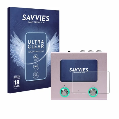 Front side of a product packaging with the brand logo Savvies. Next to it is the device Hotone Ampero Mini shown with the corr