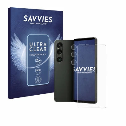 Front side of a product packaging with the brand logo Savvies. Next to it is the device Sony Xperia 1 VI (Front+Camera) shown 
