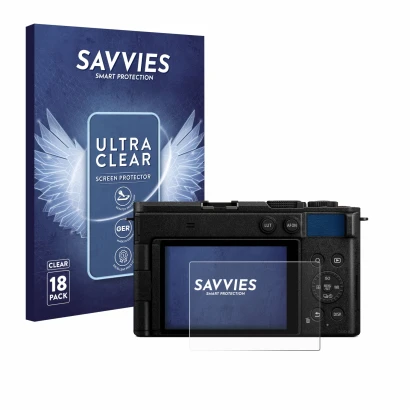 Front side of a product packaging with the brand logo Savvies. Next to it is the device Panasonic Lumix DC-S9 shown with the c