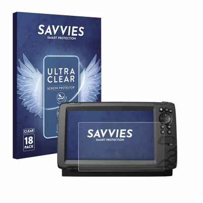 Front side of a product packaging with the brand logo Savvies. Next to it is the device Lowrance HOOK Reveal 9 shown with the 