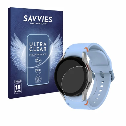 Front side of a product packaging with the brand logo Savvies. Next to it is the device Samsung Galaxy Watch FE shown with the